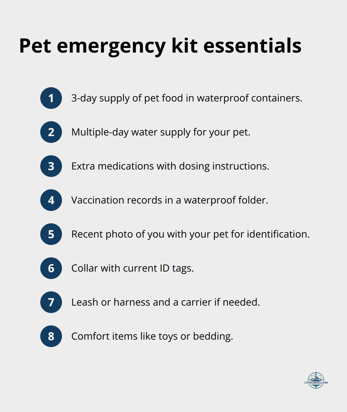 Compact checklist of pet emergency kit items for U.S. households. - home readiness for pet