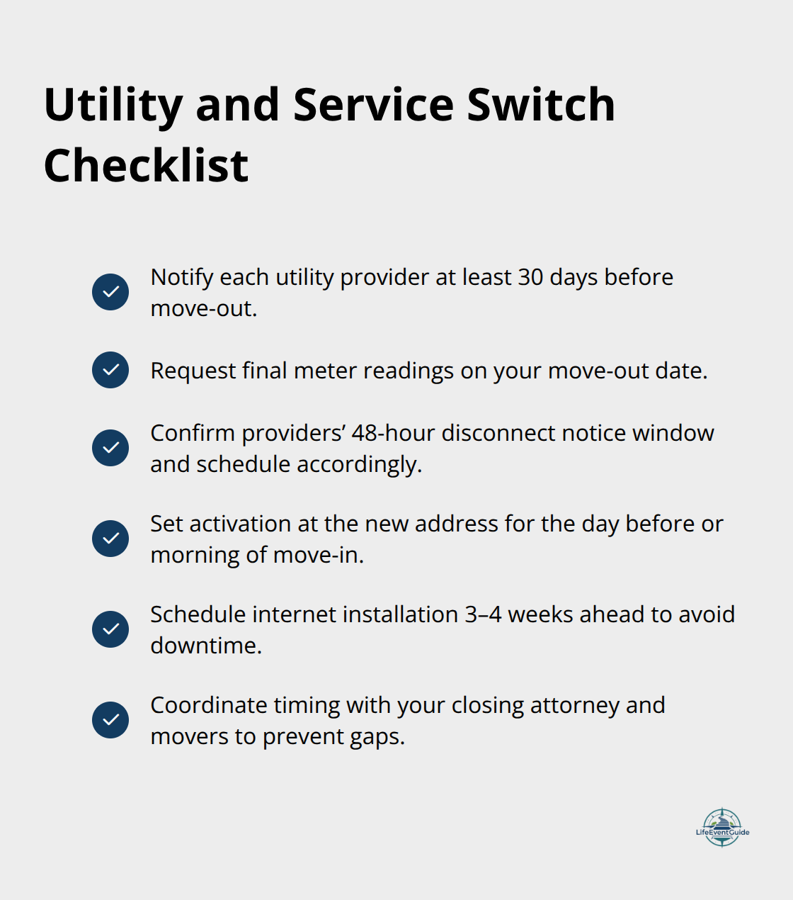 Checklist of key steps to disconnect and activate utilities around moving day - home sale moving checklist