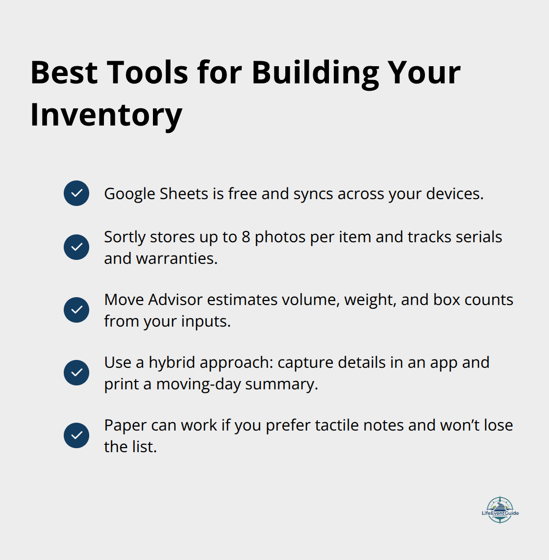 Checklist of recommended inventory tools and what each does best. - inventory before moving