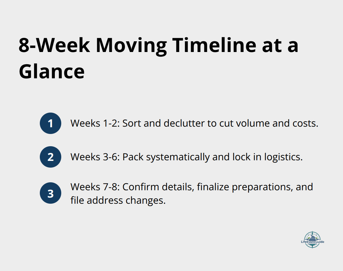 Compact overview of an eight-week moving timeline split into decluttering, packing/logistics, and final preparations.