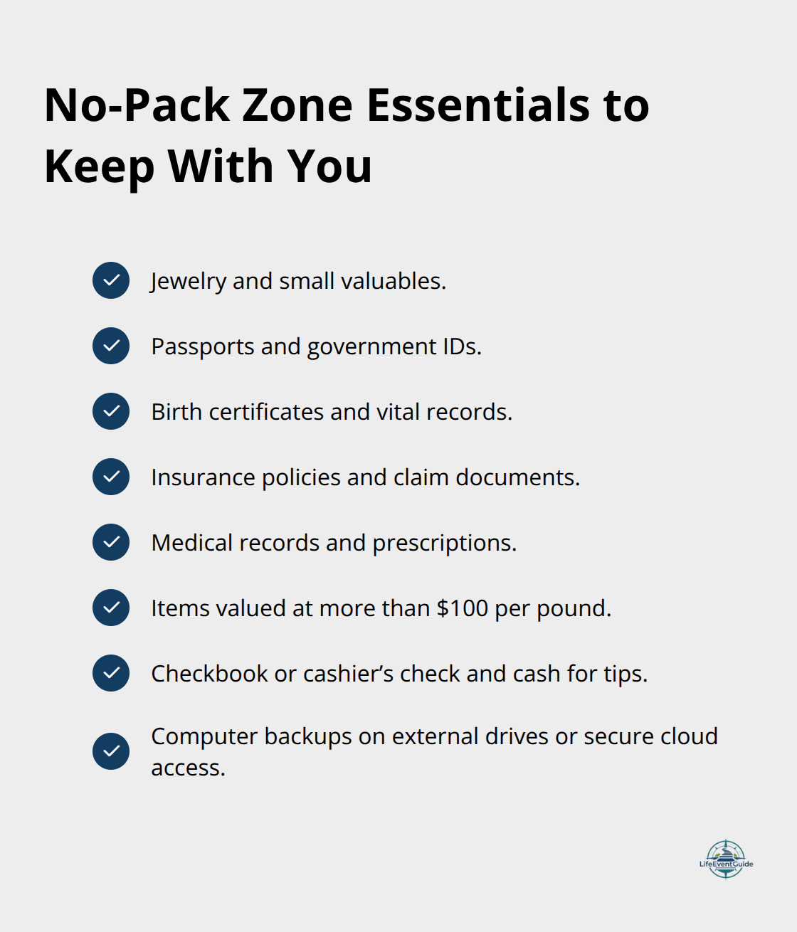 Checklist of high-value and irreplaceable items to keep in your possession on moving day. - moving day checklist