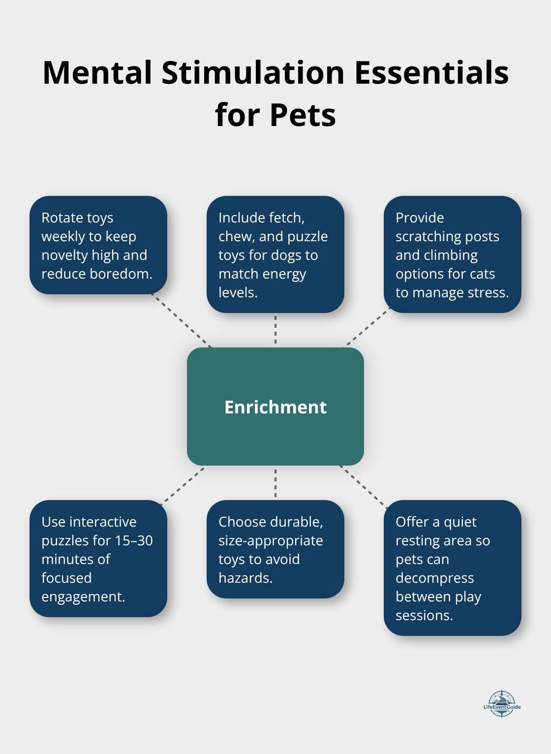 Hub-and-spoke diagram showing core enrichment practices for dogs and cats - pet supplies checklist