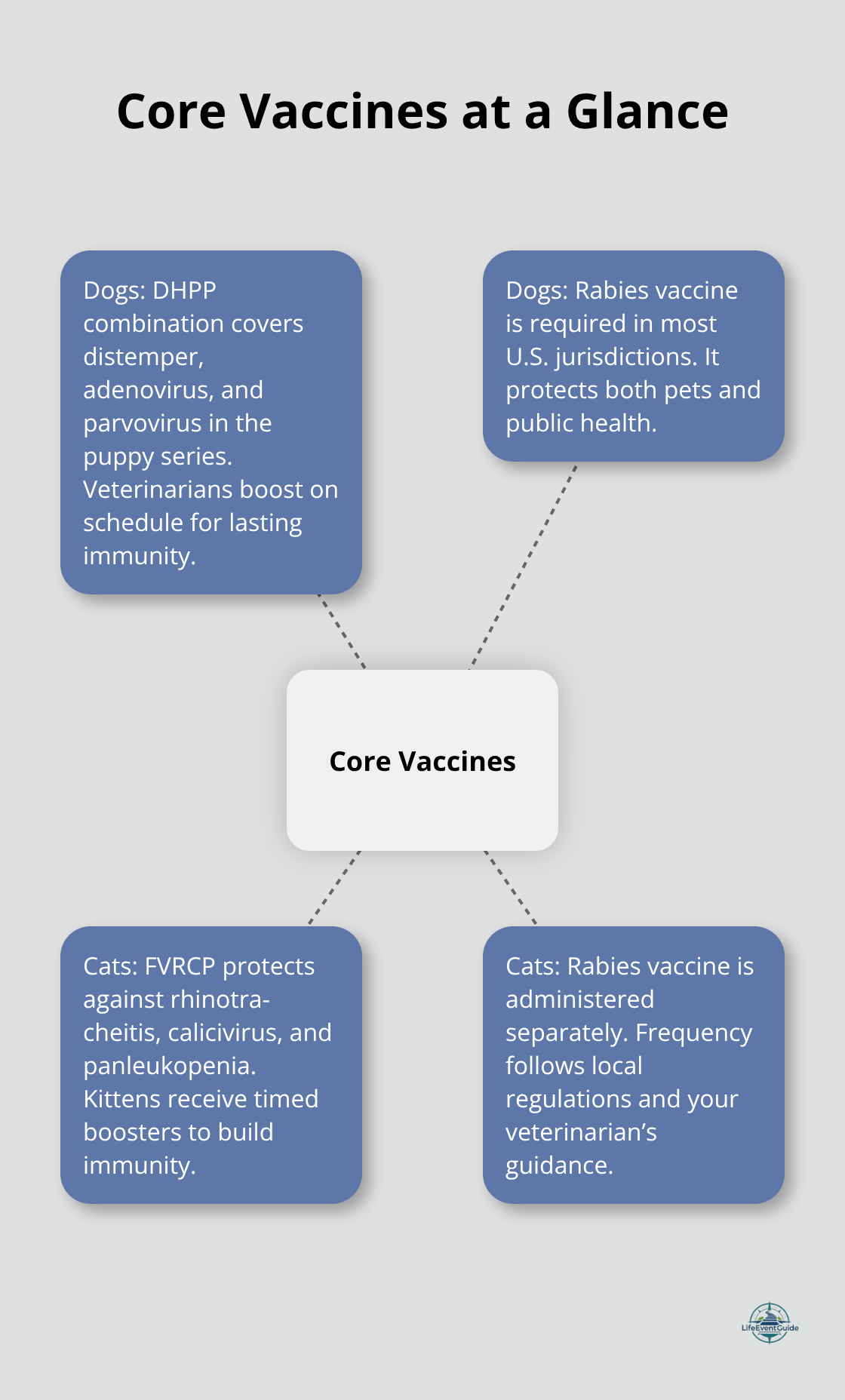 Visual summary of core vaccines for dogs and cats in the United States - pet vaccination schedule
