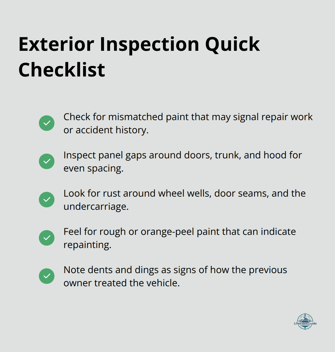 Checklist of key exterior items to inspect before a test drive. - test drive checklist