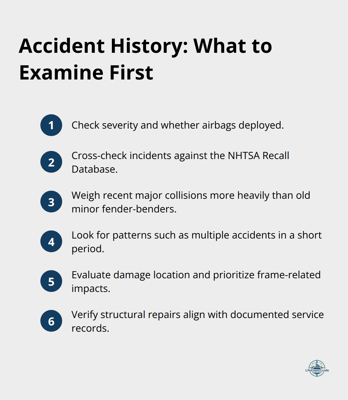 Key checks for interpreting accident history on a vehicle report - vehicle history report checklist